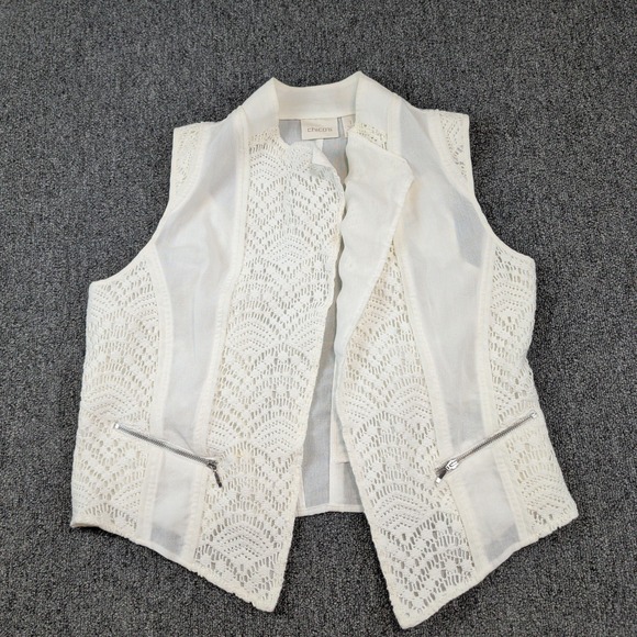 Chico's Boho Crochet Lace Moto Vest Size 1 White Open Front Layering Bohemian — photo 2